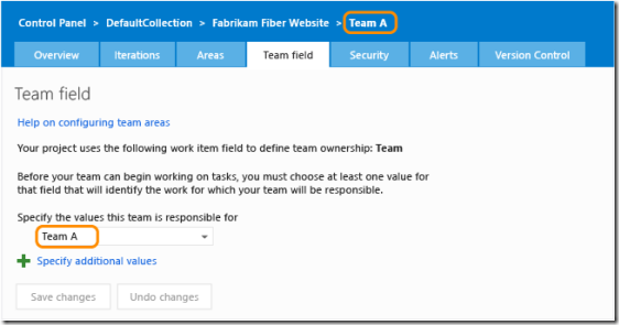 Team field settings page